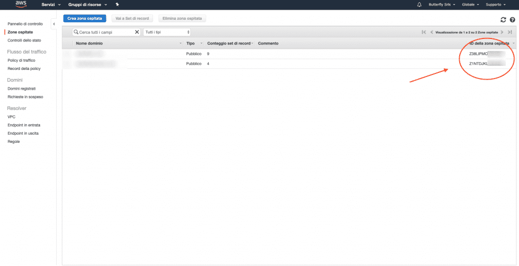 schermata di esempio dell' ID di zona in Route 53